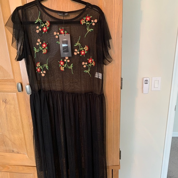 sheer embroidered dress zara EMBROIDERED GODET DRESS WITH BEADING - Black